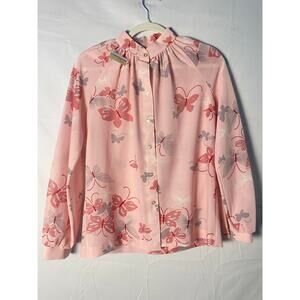Vintage 70s Alfred Dunner Pink Butterfly Poly Knit Sheer Blouse Women's Small